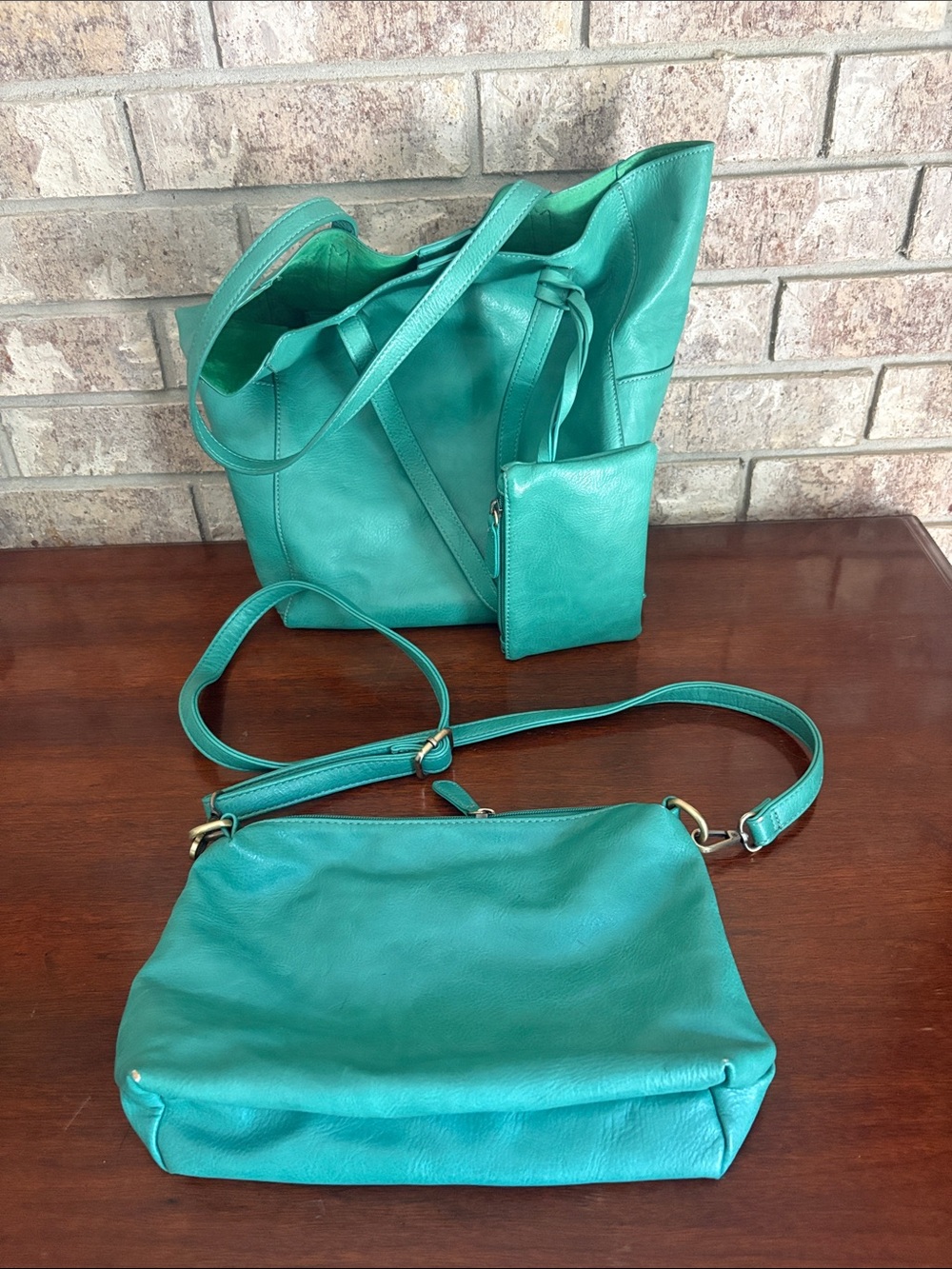 Green Leather Tote and Crossbody Bag Set